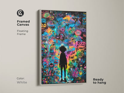 Framed canvas art featuring a vibrant graffiti-style artwork. The piece is displayed in a white floating frame. It showcases a black silhouette figure surrounded by colorful monsters and abstract shapes. This ready-to-hang art is a perfect addition to your home decor.