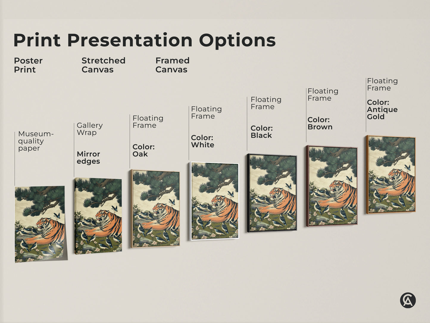 Print presentation options for tiger and bird artwork. Choose from poster print stretched canvas or framed canvas. Available in oak black brown antique gold and white frames to suit your decor.
