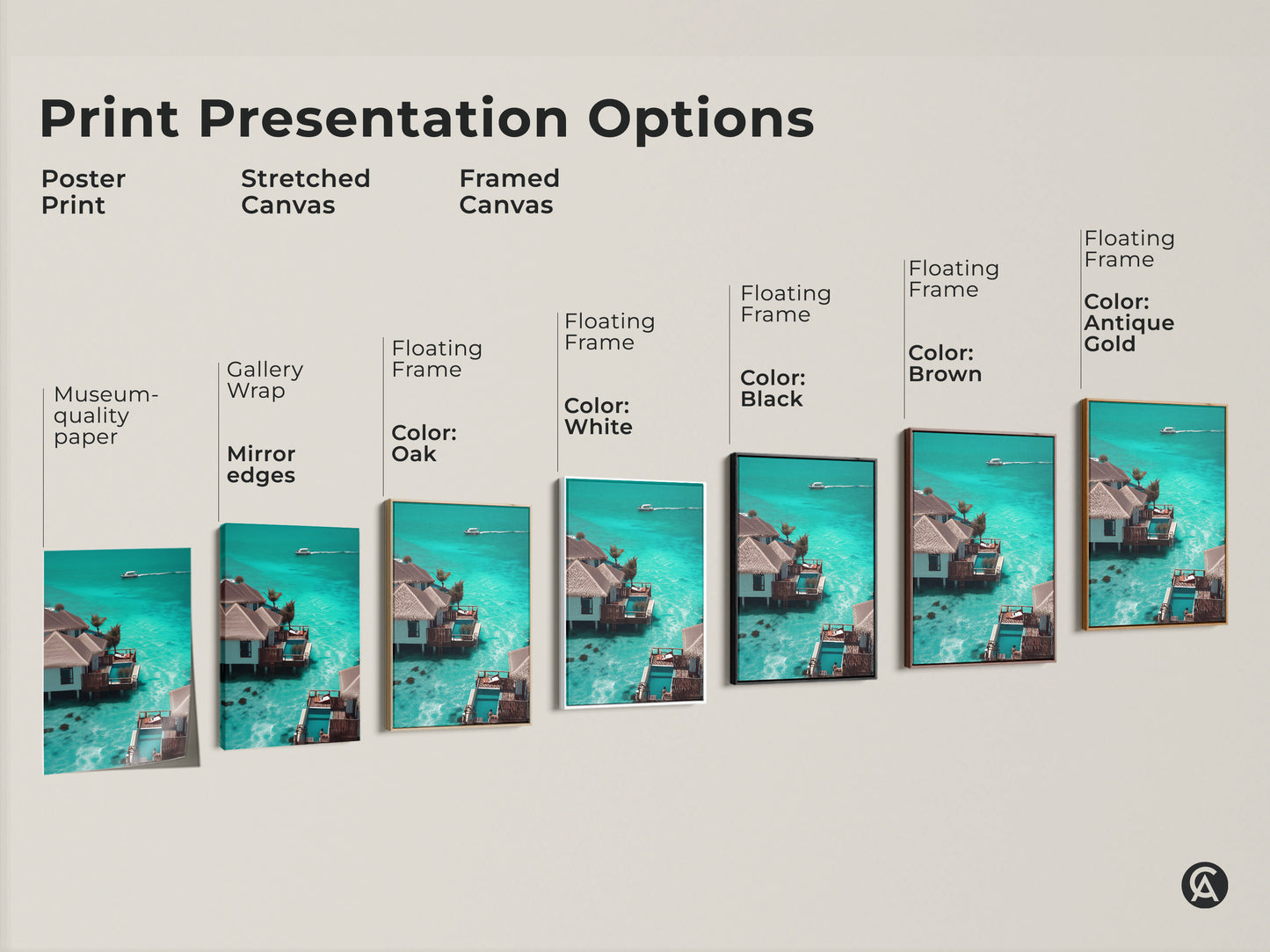 Print presentation options include poster prints and stretched canvas. Framed canvas choices offer black brown antique gold and white floating frames. Find the perfect teal ocean art for your luxury tropical resort bungalow coastal beach house.