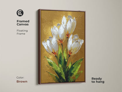 Botanical canvas art in a brown floating frame featuring white tulips with gold leaf. The textured gold background enhances its contemporary style. Perfect wall art for home decor.