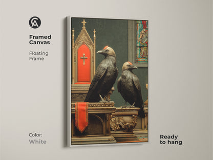 This framed canvas of Gothic Crow Wall Art is in a white floating frame. Religious symbolism art with dark academia art print is perfect for office. Mystical black bird artwork offers victorian era-inspired charm.