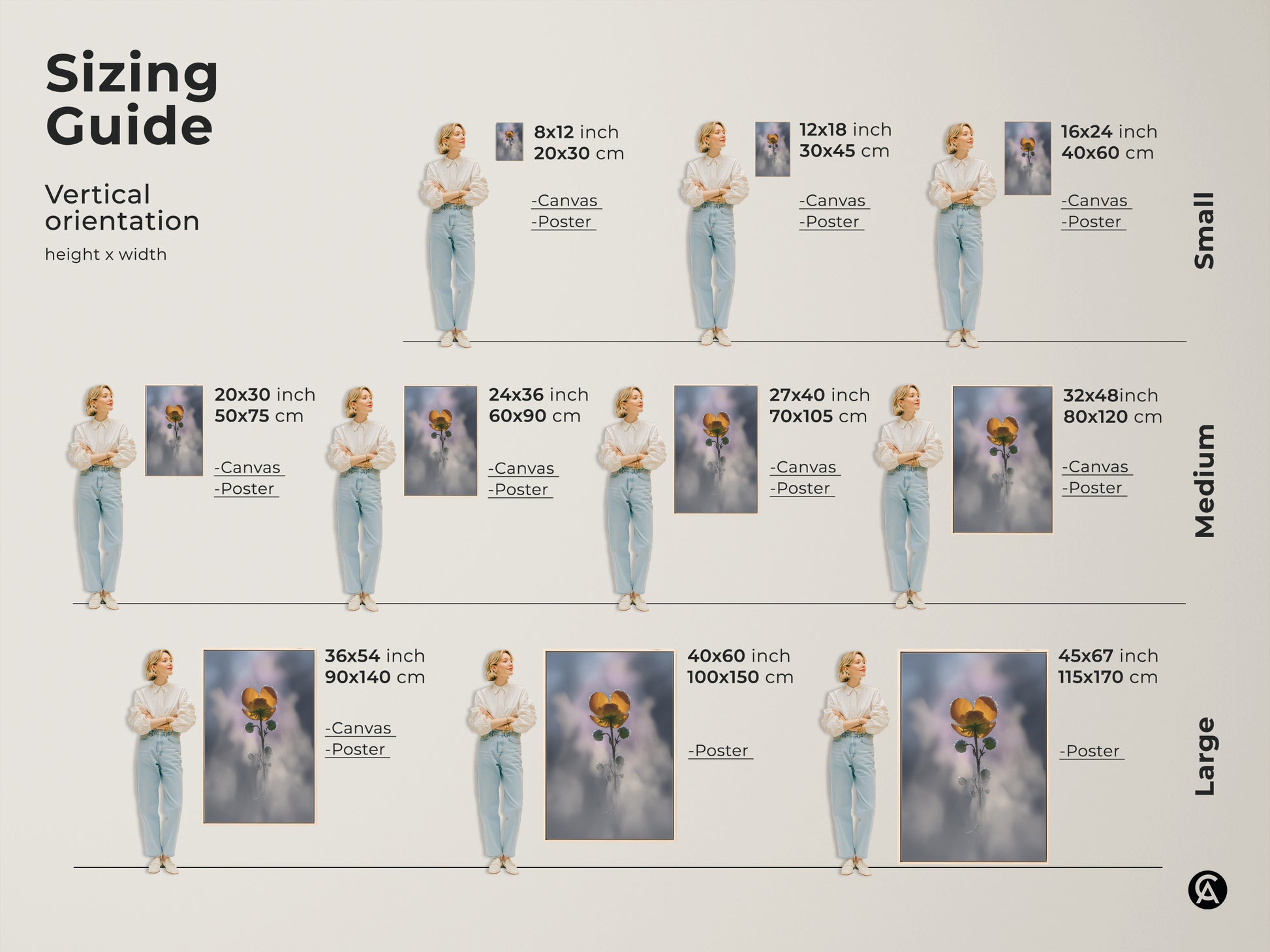 Sizing guide for vertical yellow buttercup art prints. Available as canvas or poster in small medium and large sizes. Find the perfect fit for your space. This macro nature photography adds botanical charm to any room.