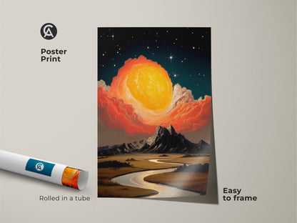Poster print of cosmic sun rising over mountains and a river. This expressive landscape wall art comes rolled in a tube and is easy to frame. It features yellow orange teal tones in a dreamlike abstract style. Perfect for eclectic home office art.