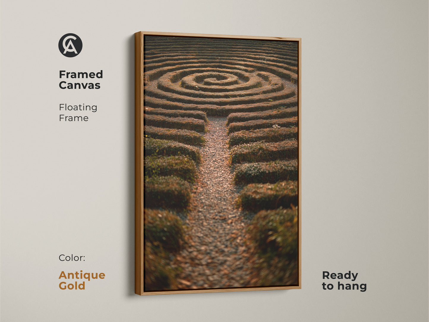 Framed canvas features a hedge maze garden in this art print. The floating frame enhances the artwork. Ideal for boho home decor or as a housewarming gift. The green yellow and brown tones create a serene aesthetic. This landscape artwork offers a unique focal point to enhance any room.