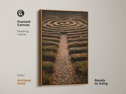 Framed canvas features a hedge maze garden in this art print. The floating frame enhances the artwork. Ideal for boho home decor or as a housewarming gift. The green yellow and brown tones create a serene aesthetic. This landscape artwork offers a unique focal point to enhance any room.
