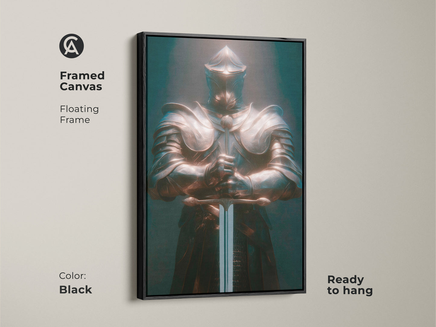 Framed canvas featuring a Dark Fantasy Knight. The floating frame is black. The artwork depicts a medieval warrior in bronze and teal armor. This gothic knight wall art is ready to hang. It is perfect for adding eclectic style to your office or man cave decor.