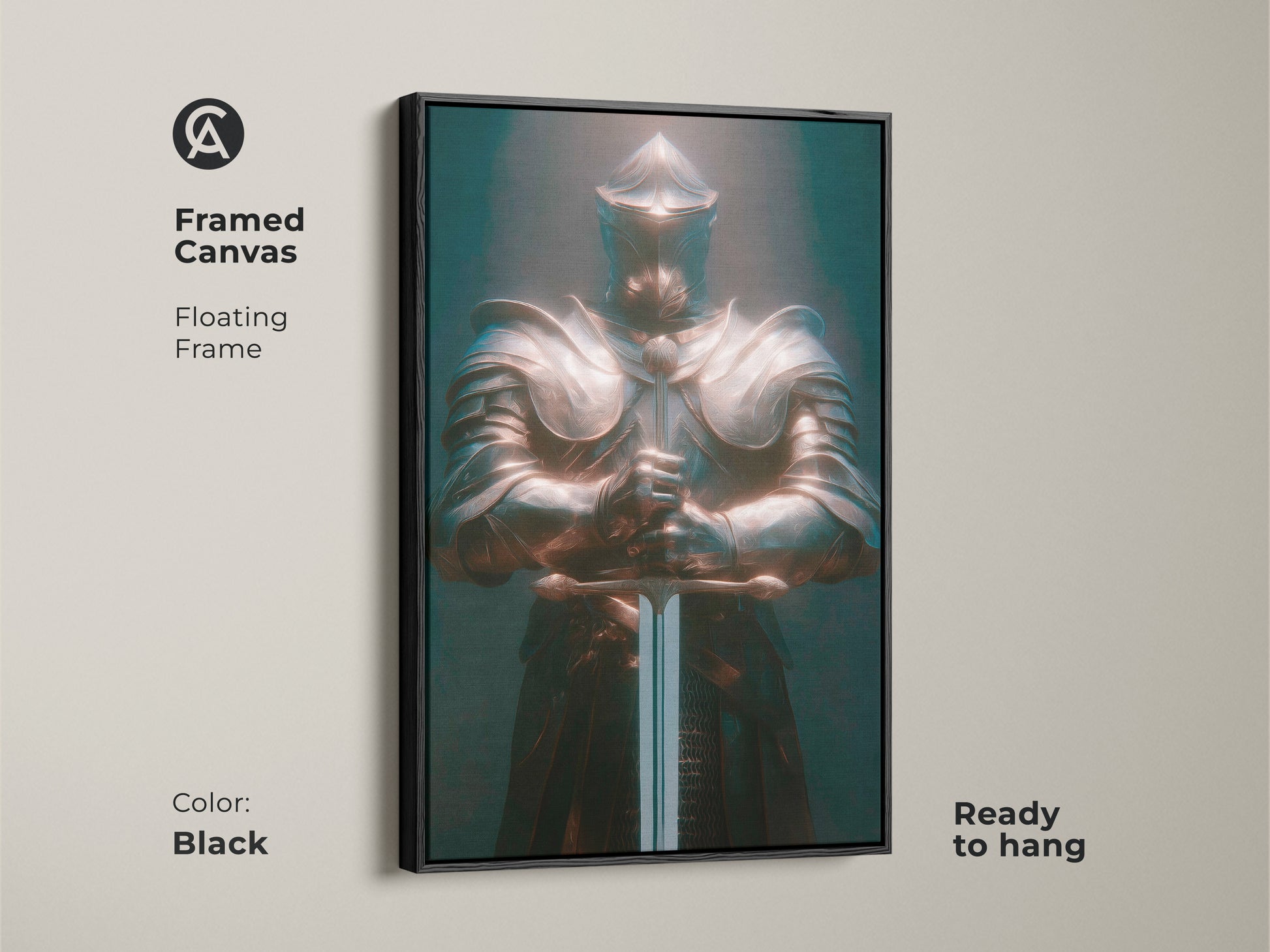 Framed canvas featuring a Dark Fantasy Knight. The floating frame is black. The artwork depicts a medieval warrior in bronze and teal armor. This gothic knight wall art is ready to hang. It is perfect for adding eclectic style to your office or man cave decor.