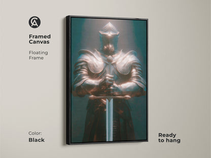 Framed canvas featuring a Dark Fantasy Knight. The floating frame is black. The artwork depicts a medieval warrior in bronze and teal armor. This gothic knight wall art is ready to hang. It is perfect for adding eclectic style to your office or man cave decor.
