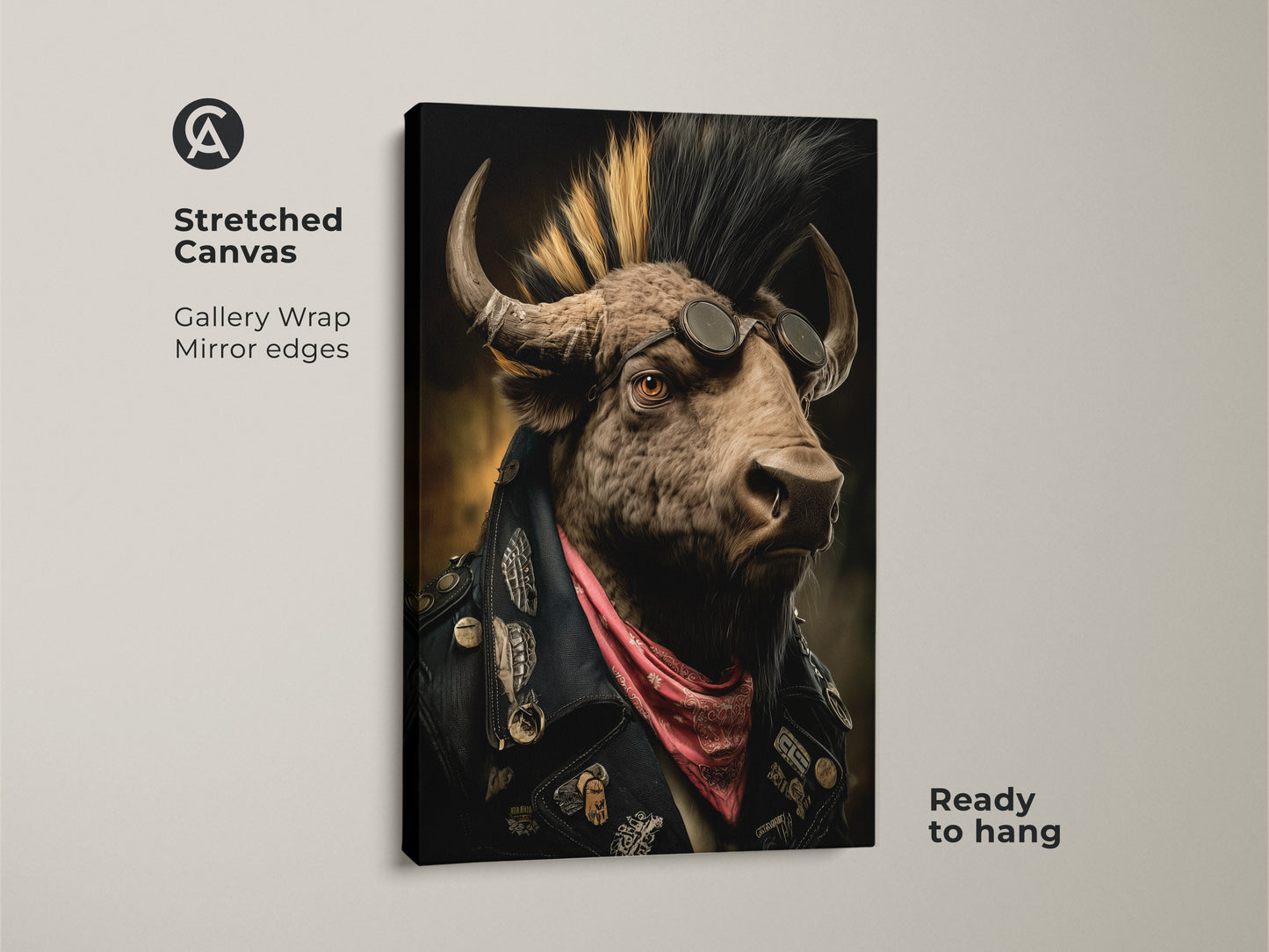 Gallery wrapped Mohawk Biker Buffalo Canvas Print. This punk animal artwork features mirror edges and is ready to hang. See the buffalo with a mohawk sunglasses and pink bandana. It adds rebellious energy to any space. Ideal rock music fan art man cave decor and unique alternative home decor.