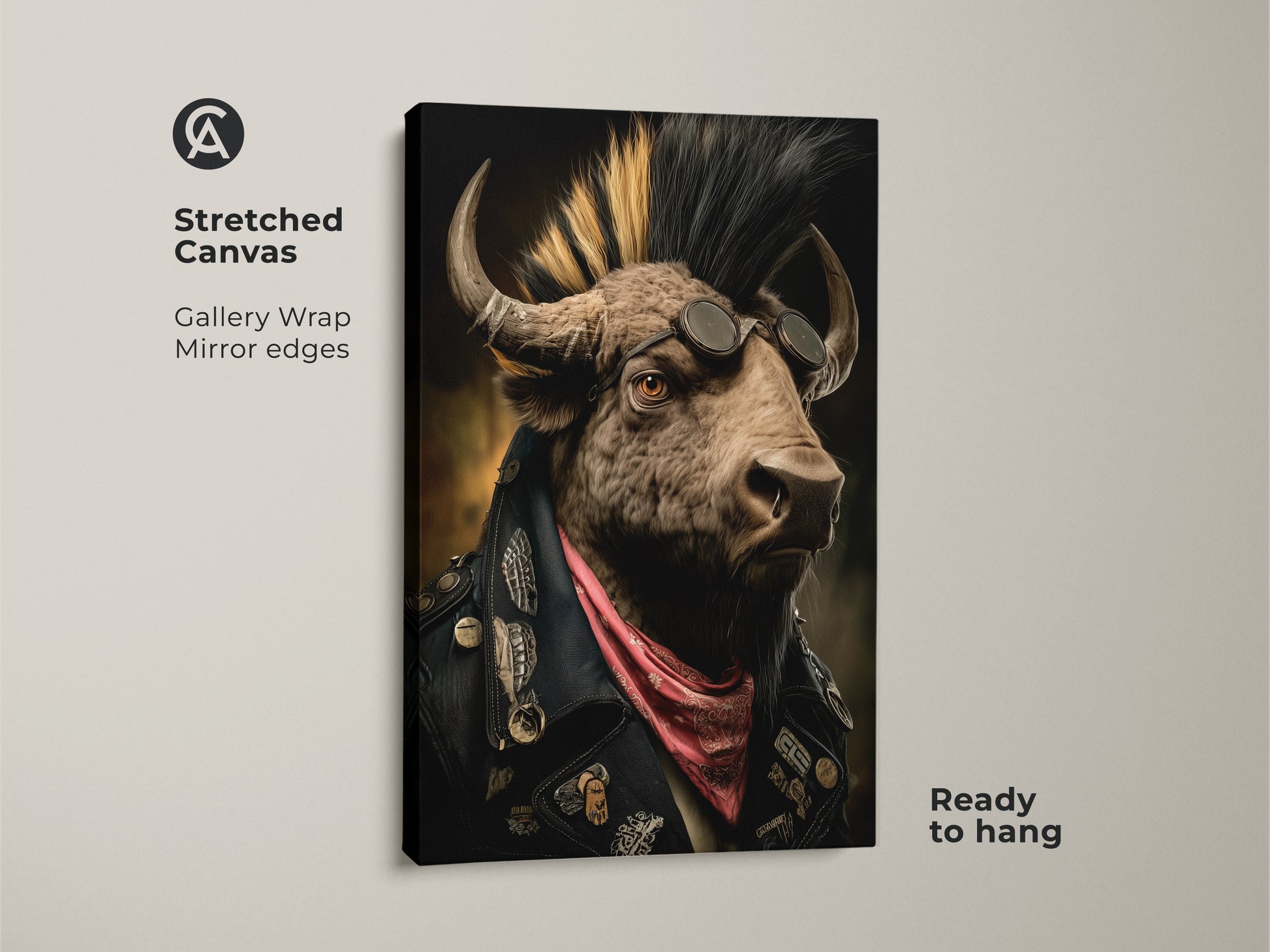 Gallery wrapped Mohawk Biker Buffalo Canvas Print. This punk animal artwork features mirror edges and is ready to hang. See the buffalo with a mohawk sunglasses and pink bandana. It adds rebellious energy to any space. Ideal rock music fan art man cave decor and unique alternative home decor.