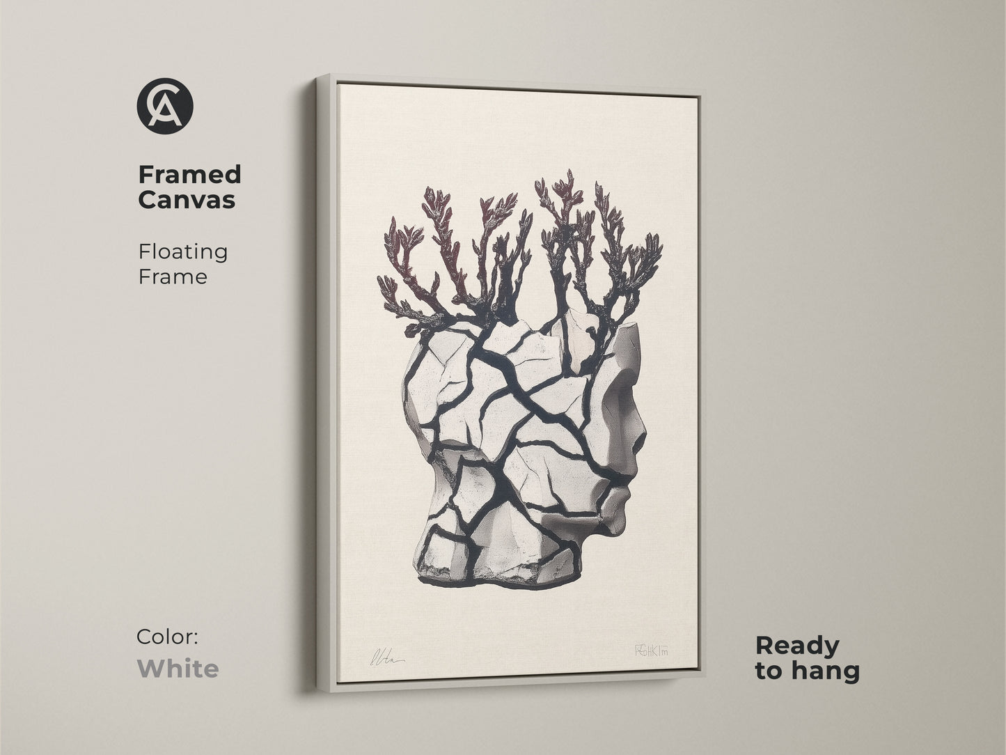 White framed canvas featuring a surreal head sculpture art. This conceptual figurative artwork includes a branch motif. The ready to hang floating framed canvas adds contemporary conceptual artwork. A perfect artistic neutral wall hanging this makes a unique gift.