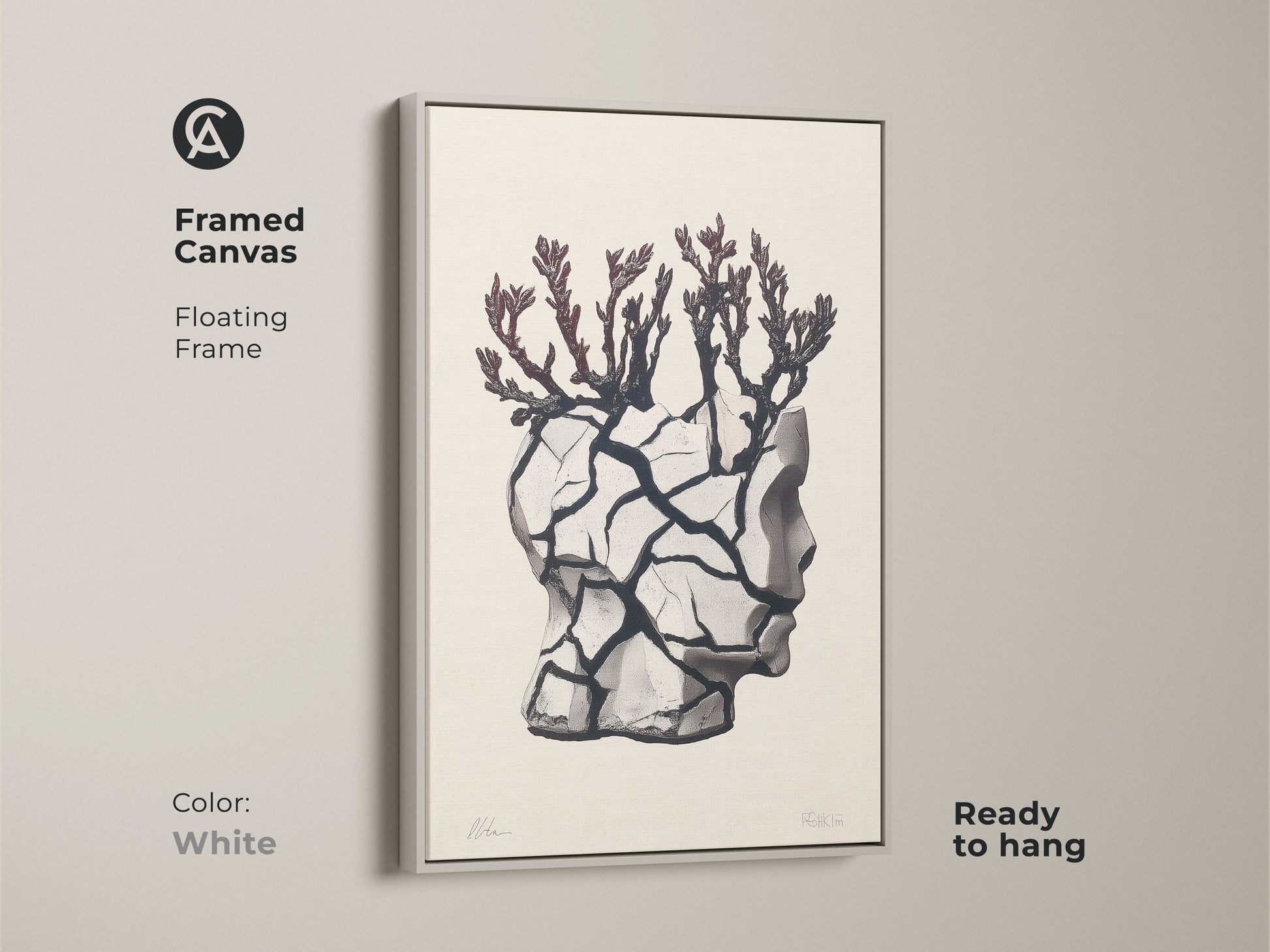 White framed canvas featuring a surreal head sculpture art. This conceptual figurative artwork includes a branch motif. The ready to hang floating framed canvas adds contemporary conceptual artwork. A perfect artistic neutral wall hanging this makes a unique gift.