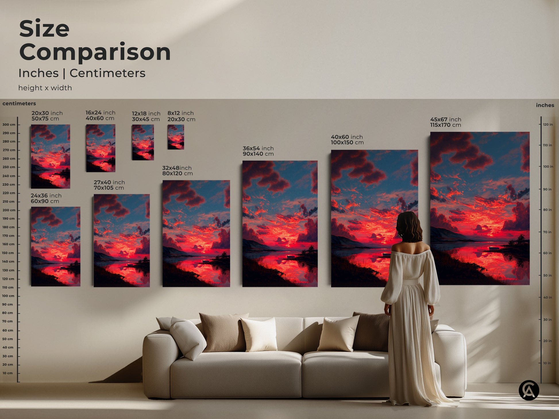 Size comparison of expressive crimson sunset canvas art in inches and centimeters. See how the sizes look in a living room setting. This skyscape landscape print is perfect for nature lover gift art. Available in multiple sizes to suit your residential wall art decor needs.