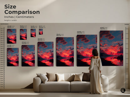 Size comparison of expressive crimson sunset canvas art in inches and centimeters. See how the sizes look in a living room setting. This skyscape landscape print is perfect for nature lover gift art. Available in multiple sizes to suit your residential wall art decor needs.