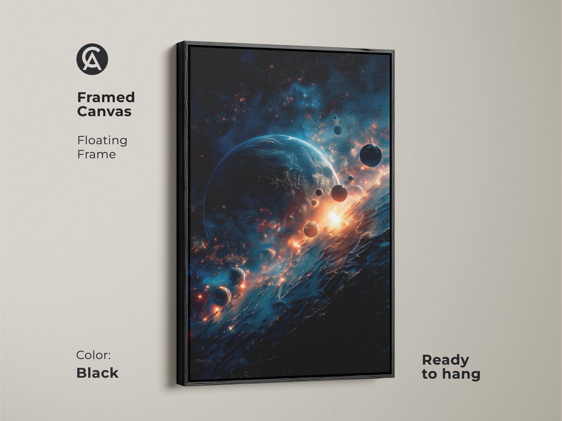 Black framed canvas art print featuring a captivating cosmic scene. A blue planet is surrounded by smaller moons and fiery light. The floating frame adds sophistication. Ready to hang this framed artwork will enhance your home decor. Perfect for space lovers.
