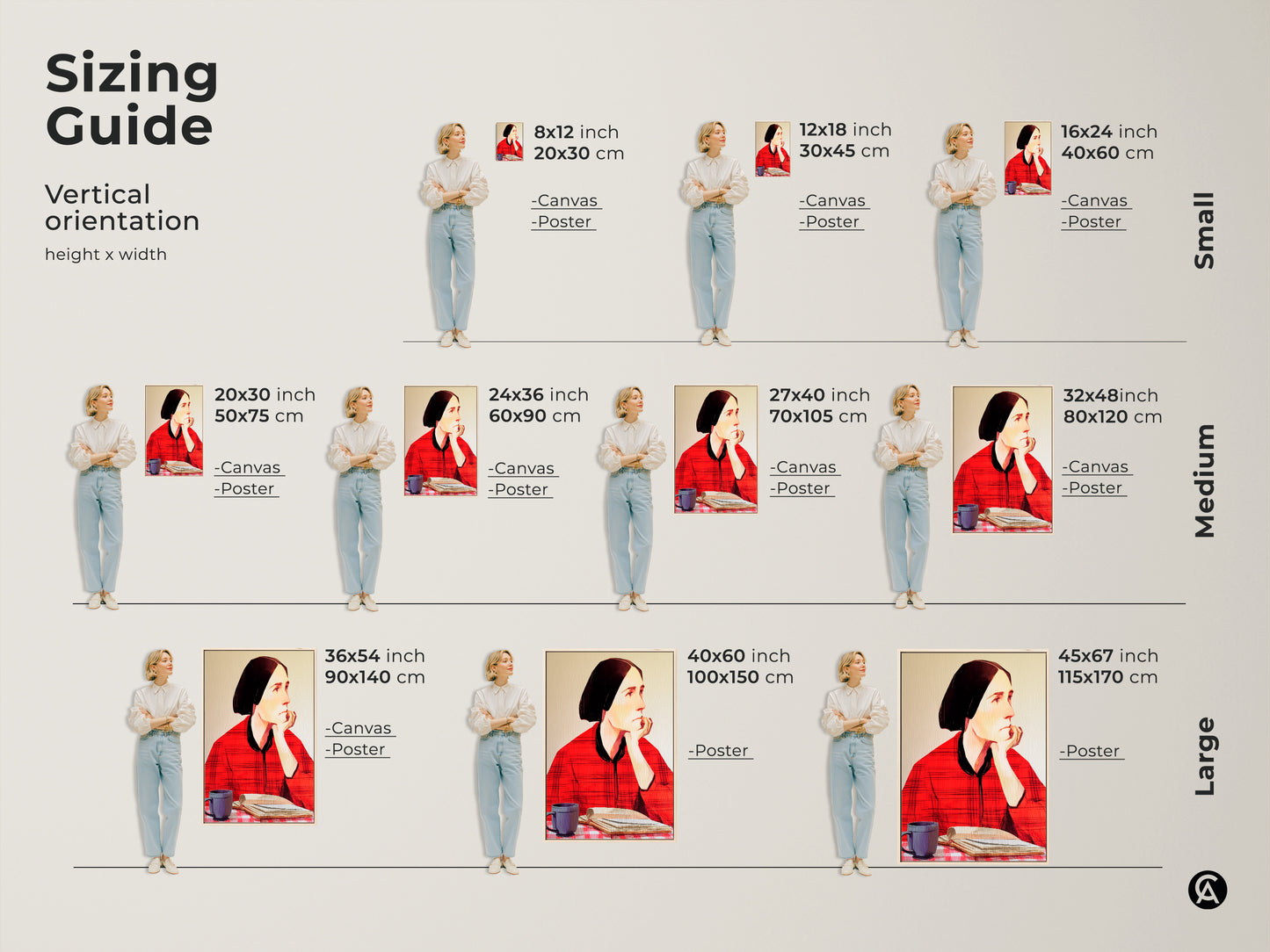 Sizing guide for folk art prints of a woman reading. Available in vertical orientations with canvas and poster options. Choose from small medium and large sizes for eclectic home decor. Find the perfect fit for your study room or home office wall.