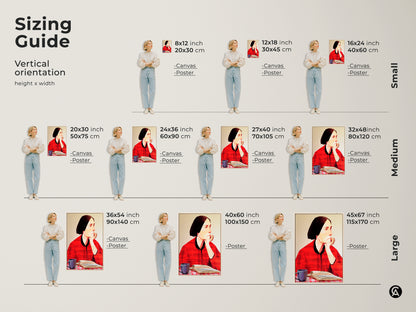 Sizing guide for folk art prints of a woman reading. Available in vertical orientations with canvas and poster options. Choose from small medium and large sizes for eclectic home decor. Find the perfect fit for your study room or home office wall.