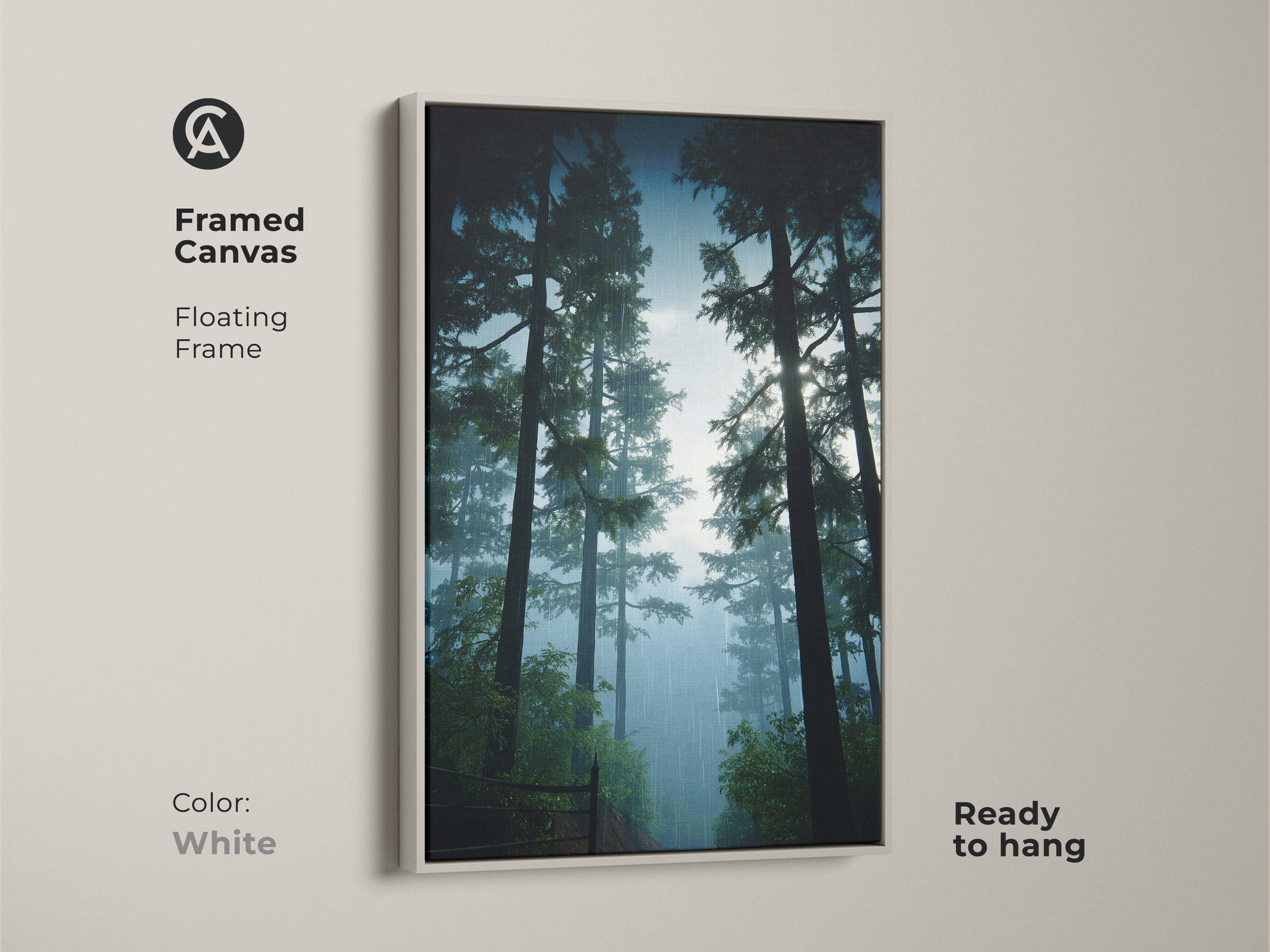 Framed canvas featuring a deep green and misty blue forest scene. The white floating frame adds a modern touch. Ready to hang this nature inspired artwork in your bedroom.