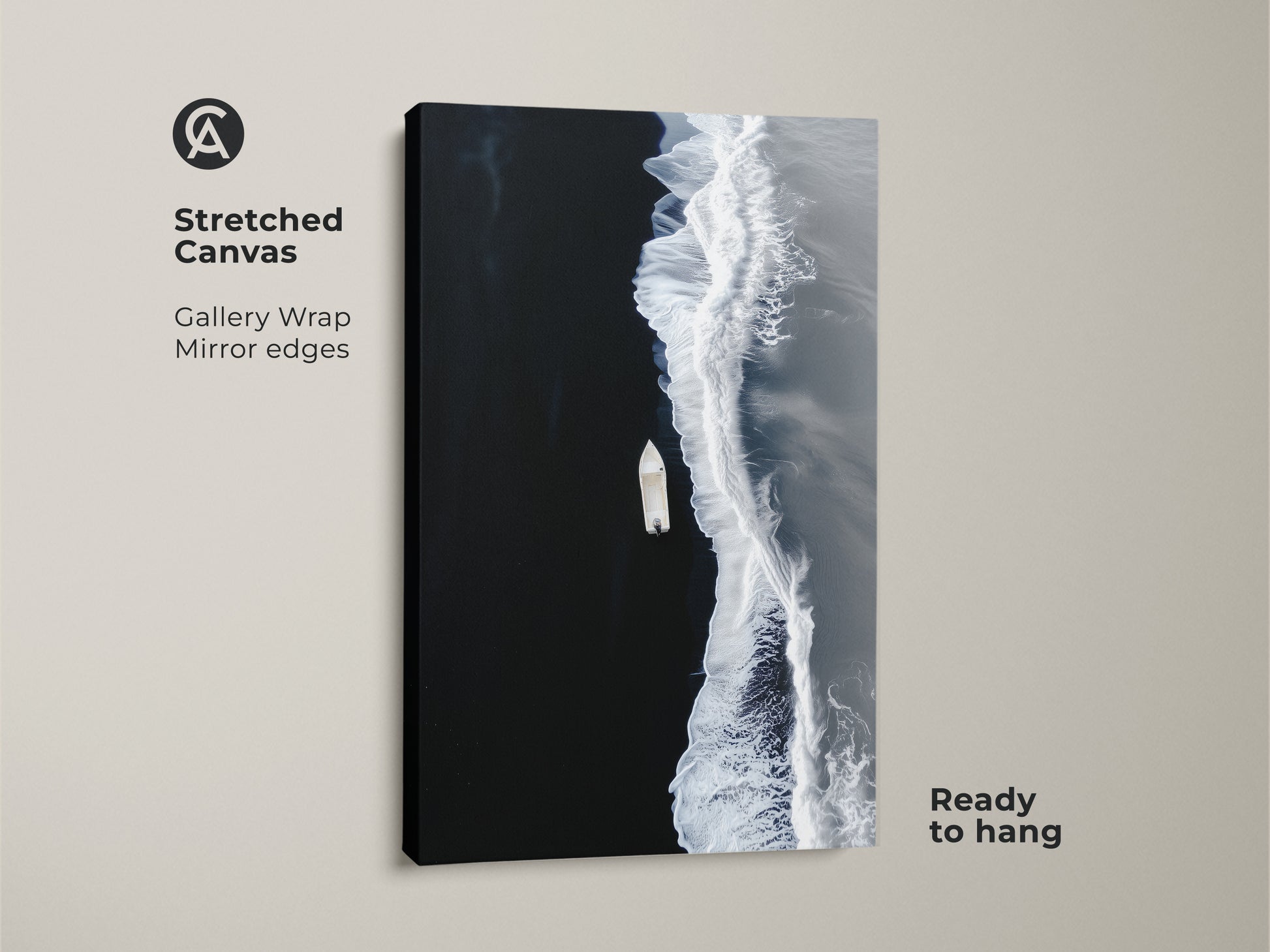 This stretched canvas features minimalist ocean wall art. An aerial boat canvas print provides coastal beach decor. Black and white wave art adds to bedroom wall art ocean.