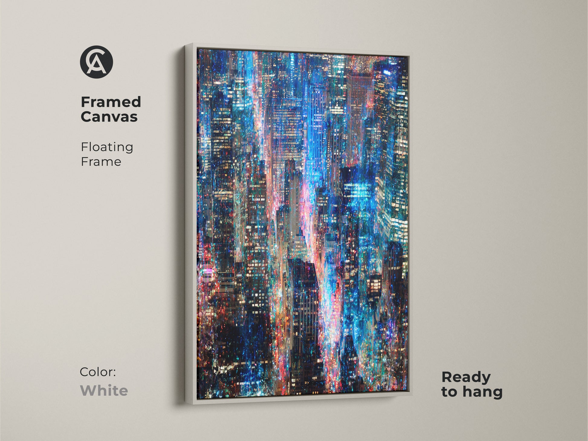Bring contemporary style to your home with this framed canvas art. This artwork features a captivating cityscape at night. The floating frame adds a touch of modern elegance. The blue and red lights create a mesmerizing visual. The frame color is white and ready to hang.