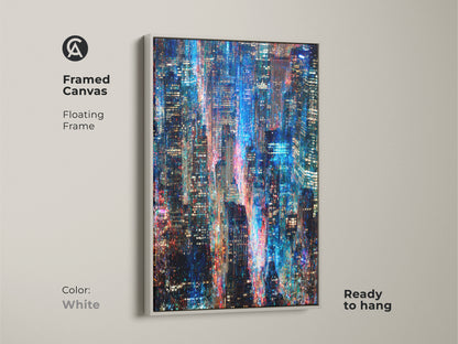 Bring contemporary style to your home with this framed canvas art. This artwork features a captivating cityscape at night. The floating frame adds a touch of modern elegance. The blue and red lights create a mesmerizing visual. The frame color is white and ready to hang.