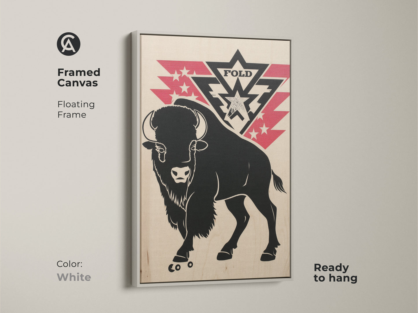 White framed canvas print of a black bison with red star accents. The floating frame gives the art a modern look. Ready to hang. Ideal wildlife wall art for a den or office space. Adds a rustic touch.