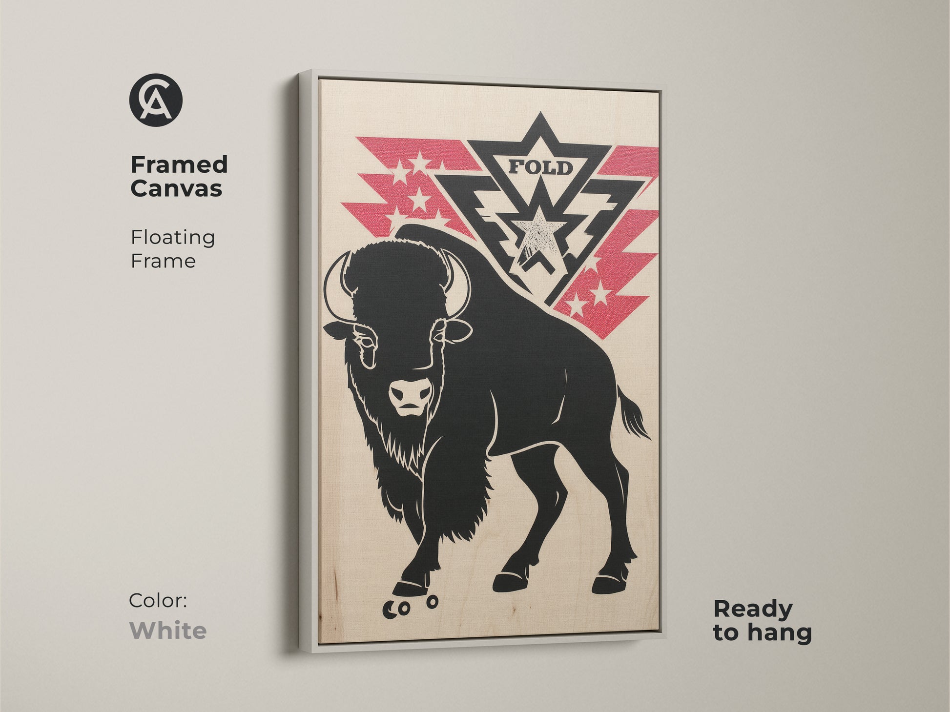 White framed canvas print of a black bison with red star accents. The floating frame gives the art a modern look. Ready to hang. Ideal wildlife wall art for a den or office space. Adds a rustic touch.