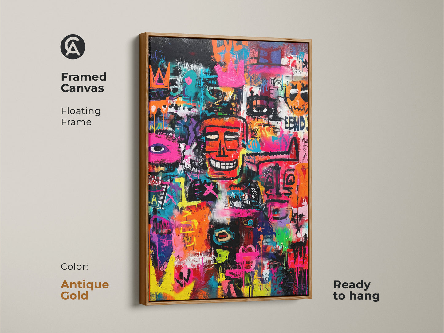 Framed canvas featuring vibrant graffiti art. The floating frame adds elegance. This ready-to-hang artwork has an antique gold frame. Its colorful figures and street art style will make a statement. Elevate your home with this piece.