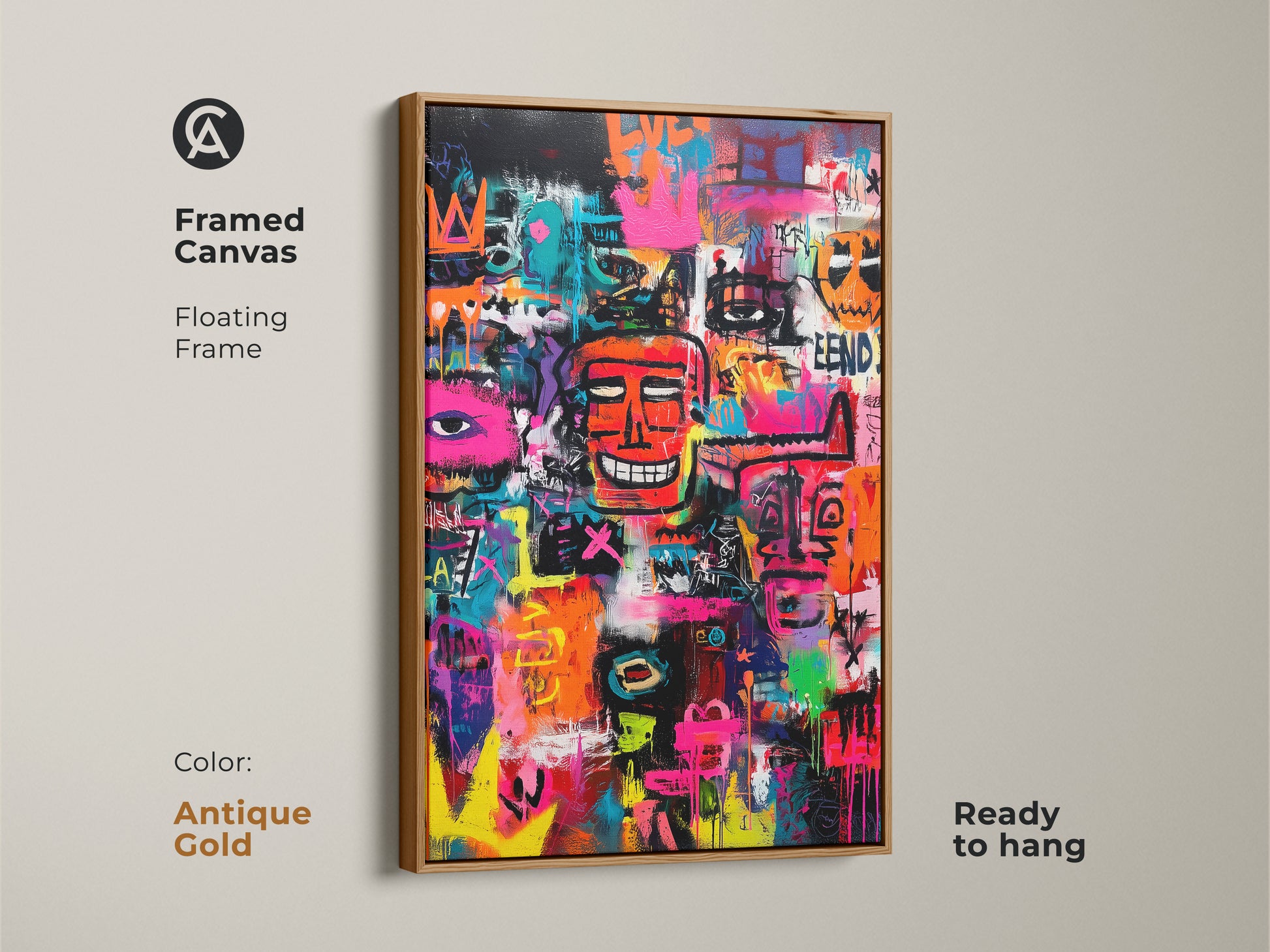 Framed canvas featuring vibrant graffiti art. The floating frame adds elegance. This ready-to-hang artwork has an antique gold frame. Its colorful figures and street art style will make a statement. Elevate your home with this piece.