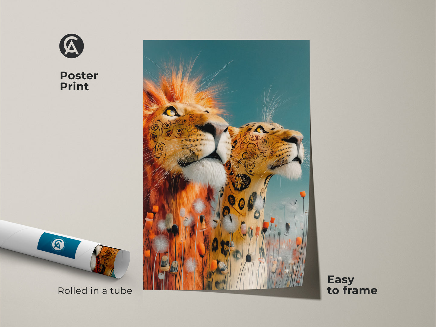 Poster print of a lion and leopard duo. This illustrative wildlife art is easy to frame. Gold and teal animal wall art perfect for any room. Rolled in a tube for protection. A unique animal wall hanging.