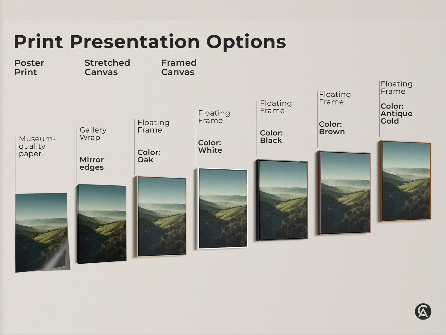 Print presentation options for forest green and misty blue landscape canvas art. Poster prints are museum-quality paper with stretched and framed canvas options. Floating frames are available in oak black brown antique gold and white. Find the perfect style for your decor.