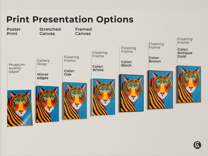 Explore print presentation options with this abstract tiger art. Choose from poster print stretched canvas and framed canvas. Featuring gallery wrap museum-quality paper and floating frames to match your decor.