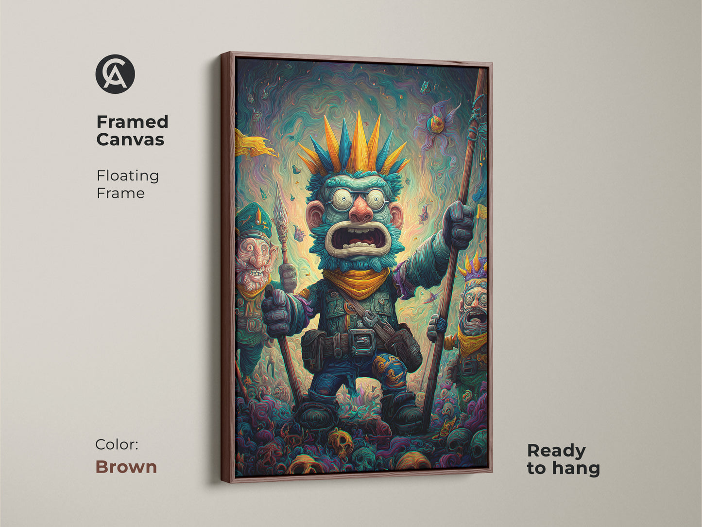 A framed canvas art print displays a bizarre monster and his goblin companions. The brown floating frame enhances the artwork's appeal. The artwork is ready to hang making decorating easy. Enhance your home with this unique framed canvas print.