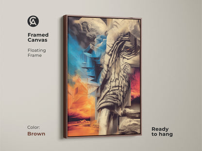 A Framed Canvas floating frame featuring an elephant. The elephant is a surreal depiction. This modern abstract canvas uses orange gold blue art. It would be an artistic home accent as living room wall art. This is ready to hang. The canvas floating frame is brown.
