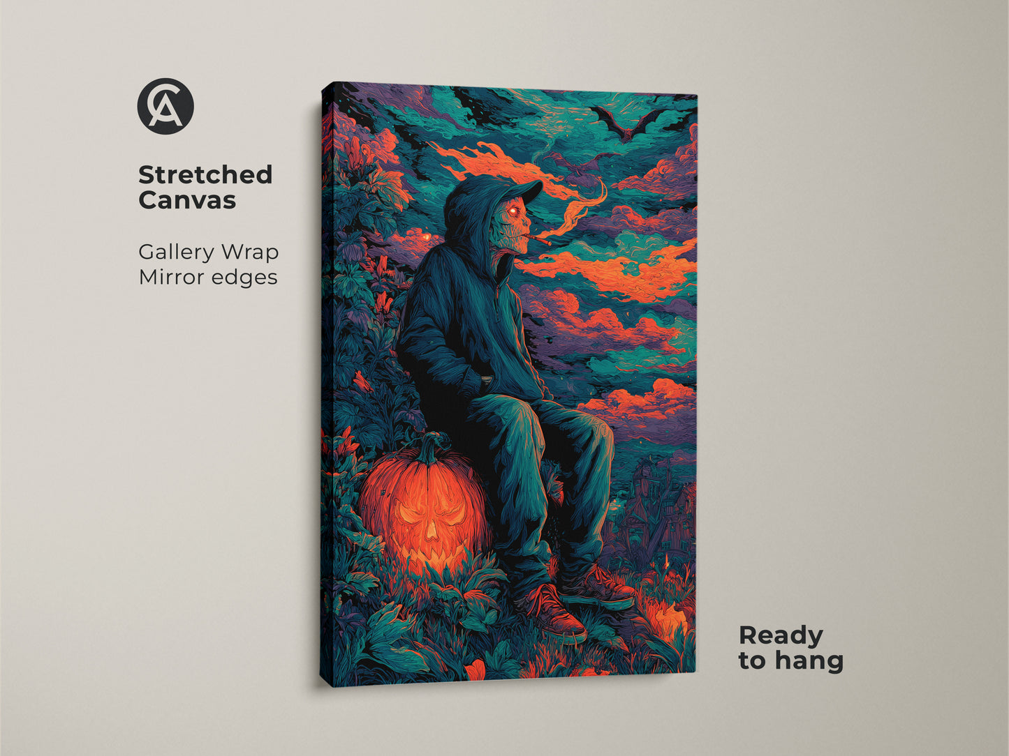 Gallery wrapped canvas art showcasing a hooded figure. The figure is perched on a glowing jack-o'-lantern. This ready-to-hang canvas features mirrored edges. It makes a striking statement piece for Halloween enthusiasts and art collectors alike.