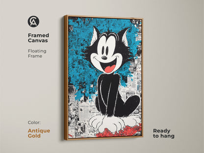 Framed canvas art featuring Felix the Cat. The floating frame enhances the cartoon cat artwork. This is ready to hang. The antique gold frame adds a vintage touch. Ideal for cartoon art collectors.