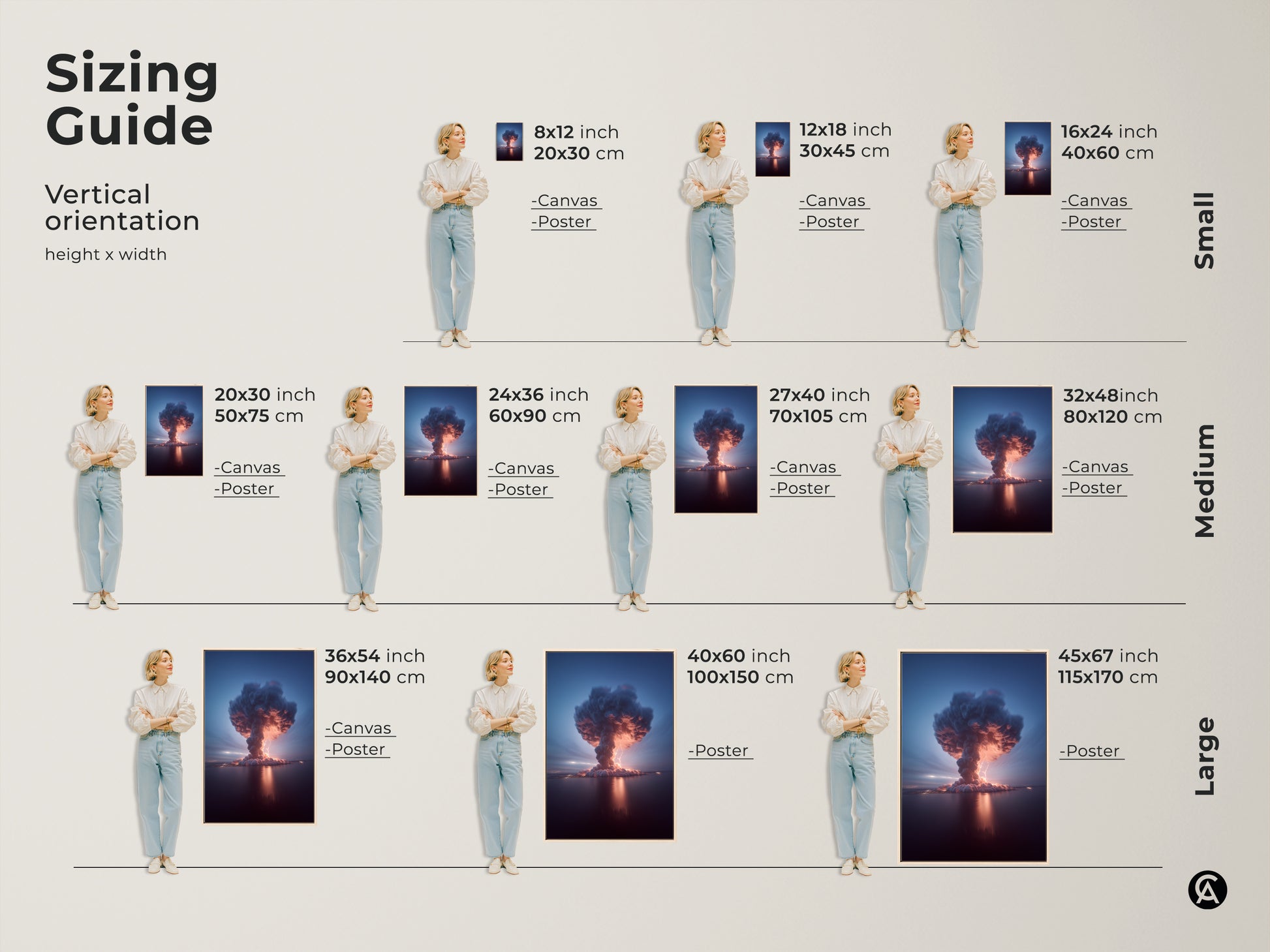 Sizing guide for vertical orientation of the Volcano Explosion Thunderstorm artwork. This includes canvas and poster options in small medium and large sizes. This contemporary artwork uses deep blue and crimson tones great as a office gift.
