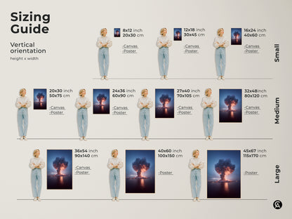 Sizing guide for vertical orientation of the Volcano Explosion Thunderstorm artwork. This includes canvas and poster options in small medium and large sizes. This contemporary artwork uses deep blue and crimson tones great as a office gift.