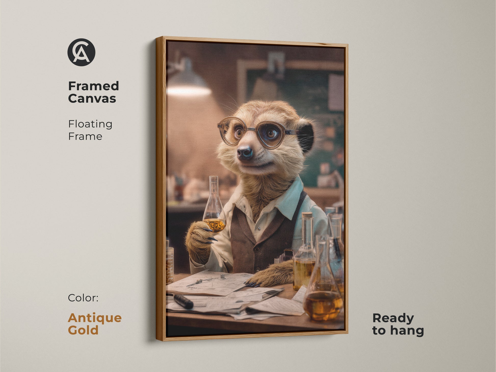 Antique Gold Frame that features the meerkat scientist. The animal in lab coat artwork will hang nicely. It is a unique science gift for any wall. The amber brown and beige tones create a vintage lab decor look.