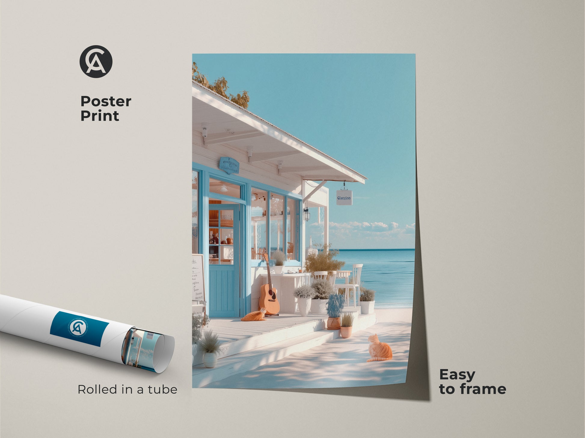 Poster print displays a delightful beach cafe scene. The artwork features a guitar and a lounging orange cat. Easy to frame this poster brings a touch of seaside serenity to any space. Rolled in a tube for protection.