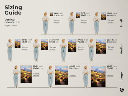 Sizing guide for vertical impressionistic wildflower landscape art. Visualize different sizes of canvas and poster prints with models. Available in small medium and large formats to fit any space. Choose the perfect scenic mountain view print for your residential or coastal farmhouse wall decor.
