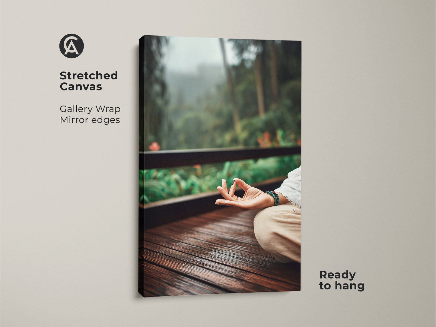 Stretched Canvas art featuring a calming meditation scene in Earth Tones. The gallery wrap has mirrored edges and comes ready to hang. Ideal boho meditation wall art for creating a zen atmosphere. A mindfulness gift for her.