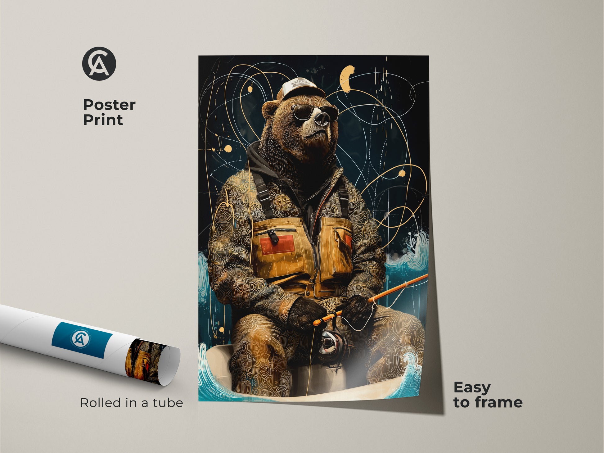 This is a poster print of a retro bear fishing. This cool bear is wearing sunglasses. The eclectic animal artwork is brown gold and navy. It features a unique den wall hanging. It is easy to frame