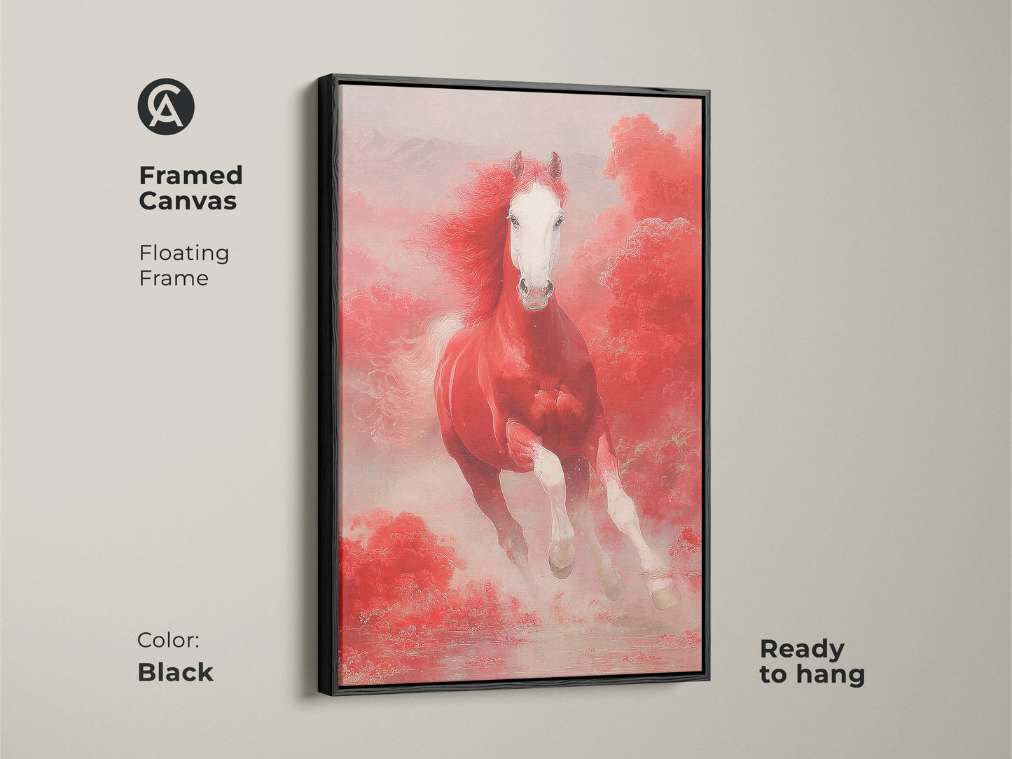 Framed canvas with a black floating frame of a red horse running. This fantasy horse wall art features pink clouds. It's an asian style horse art piece that's ready to hang. The horse lover gift wall decor is powerful and vibrant.