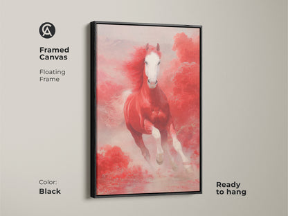 Framed canvas with a black floating frame of a red horse running. This fantasy horse wall art features pink clouds. It's an asian style horse art piece that's ready to hang. The horse lover gift wall decor is powerful and vibrant.