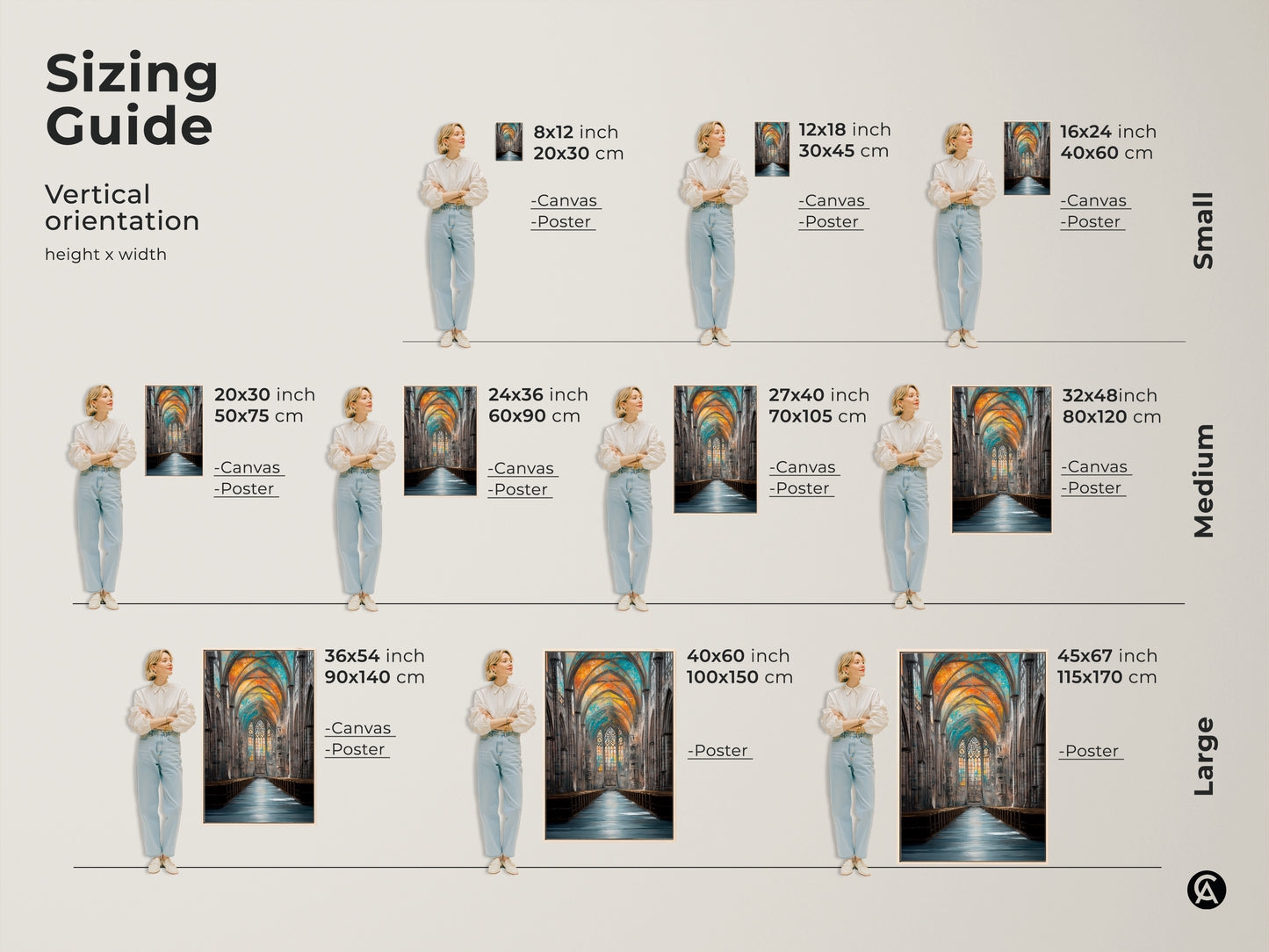 Discover the perfect size with this sizing guide for Gothic cathedral art prints. See how canvas and poster art fits in vertical orientations. Find small medium and large sizes. Visualize this orange blue and teal traditional art in your home.