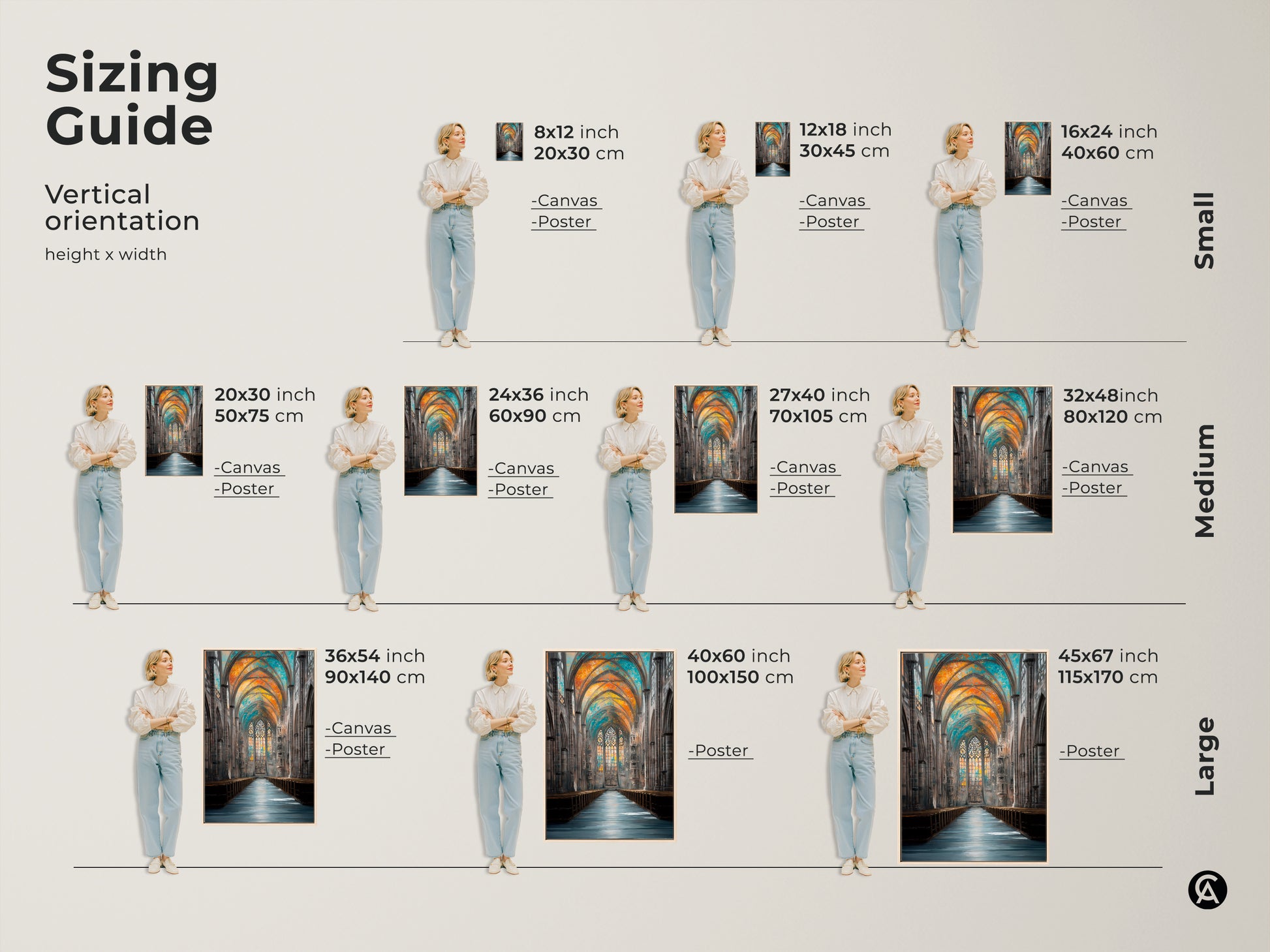 Discover the perfect size with this sizing guide for Gothic cathedral art prints. See how canvas and poster art fits in vertical orientations. Find small medium and large sizes. Visualize this orange blue and teal traditional art in your home.