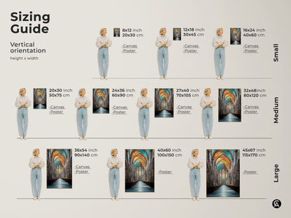 Discover the perfect size with this sizing guide for Gothic cathedral art prints. See how canvas and poster art fits in vertical orientations. Find small medium and large sizes. Visualize this orange blue and teal traditional art in your home.