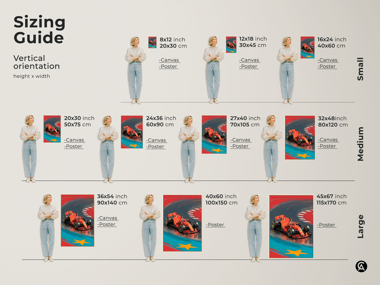 Sizing guide showcasing the vertical orientation of the red F1 car art. Available in small medium and large sizes with canvas and poster options. Find the ideal fit for your space whether for office wall decor or a cool garage art display.