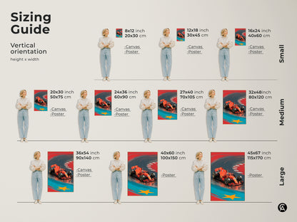 Sizing guide showcasing the vertical orientation of the red F1 car art. Available in small medium and large sizes with canvas and poster options. Find the ideal fit for your space whether for office wall decor or a cool garage art display.